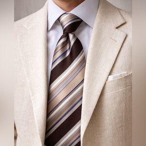 Vintage Silk Tie Brown Tan Blue Striped Classic Wide Necktie Wedding Academia